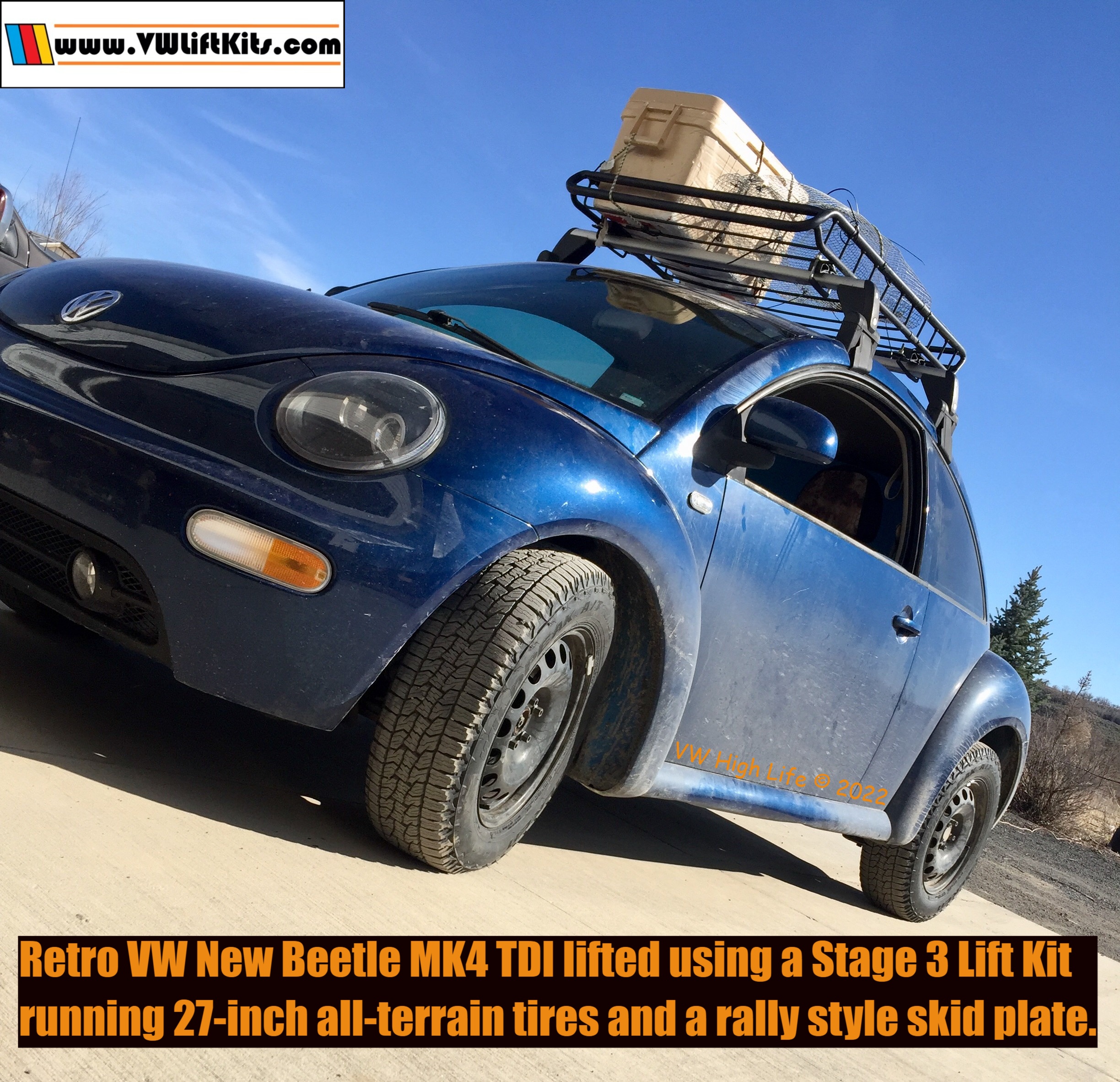 Adrian properly raised his retro Beetle TDI to run 27-inch AT tires & a skid plate for some desert fun!